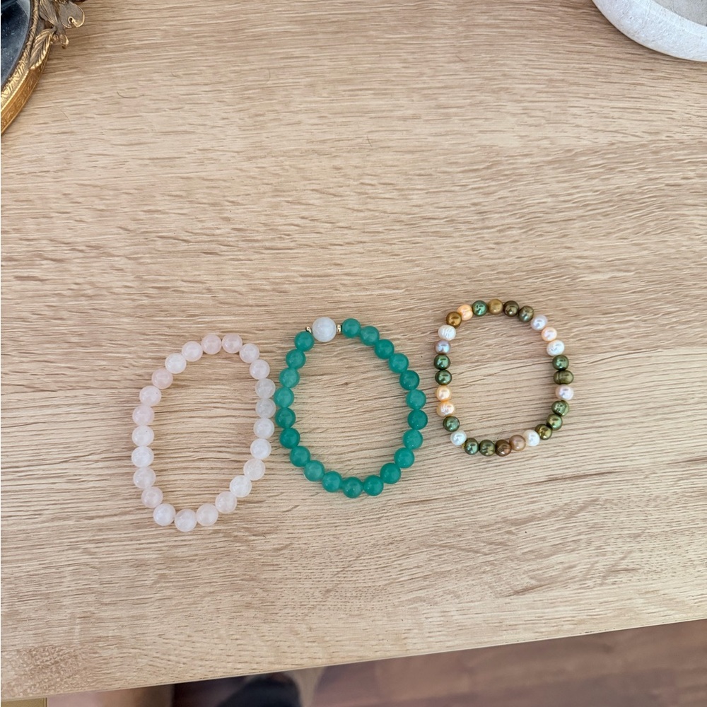 Jade rose quartz pearl beaded bracelet bundle of 3
